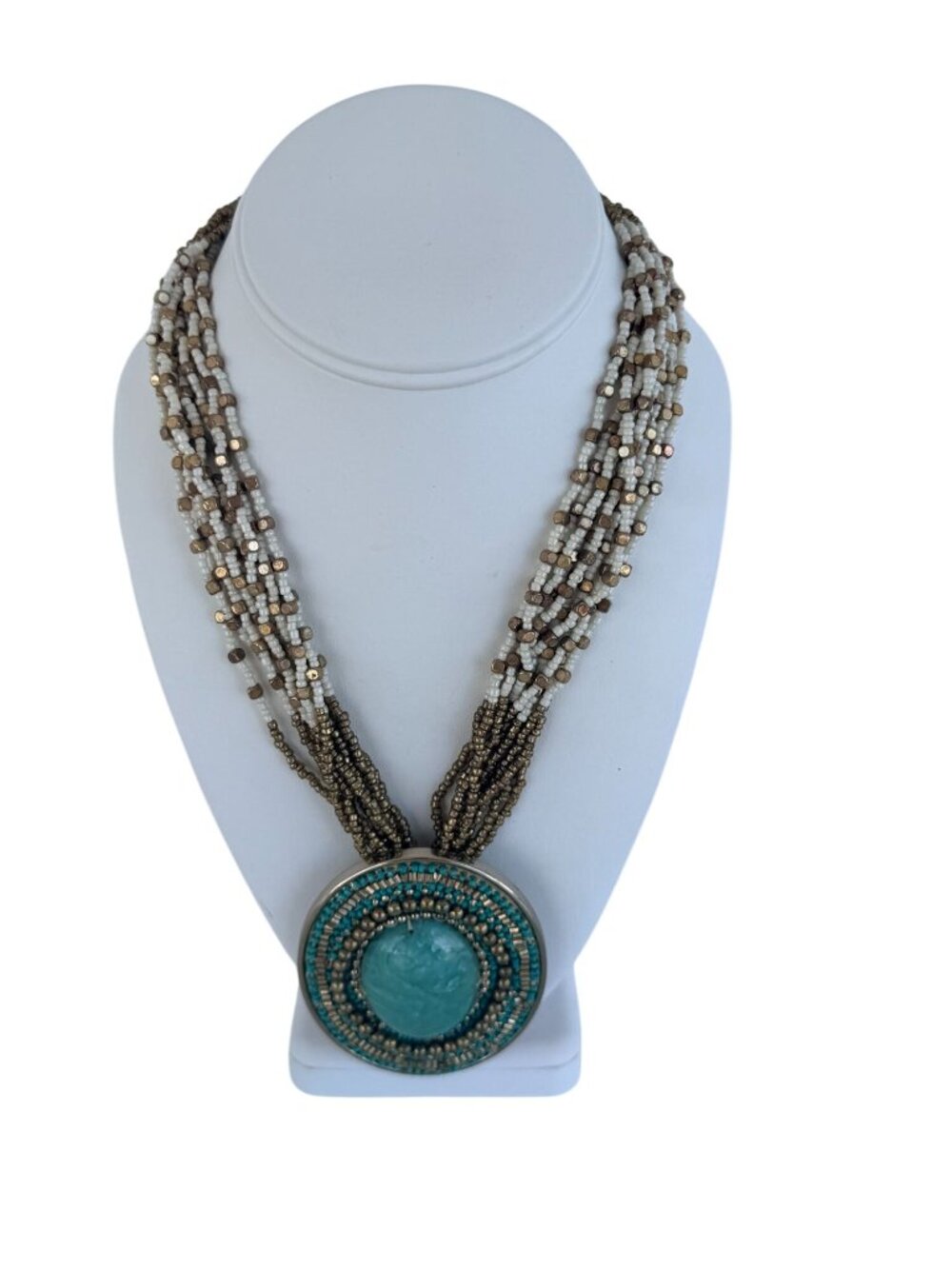 Chicos Multi-Strand Statement Necklace Turquoise & Gold Beaded Pendant